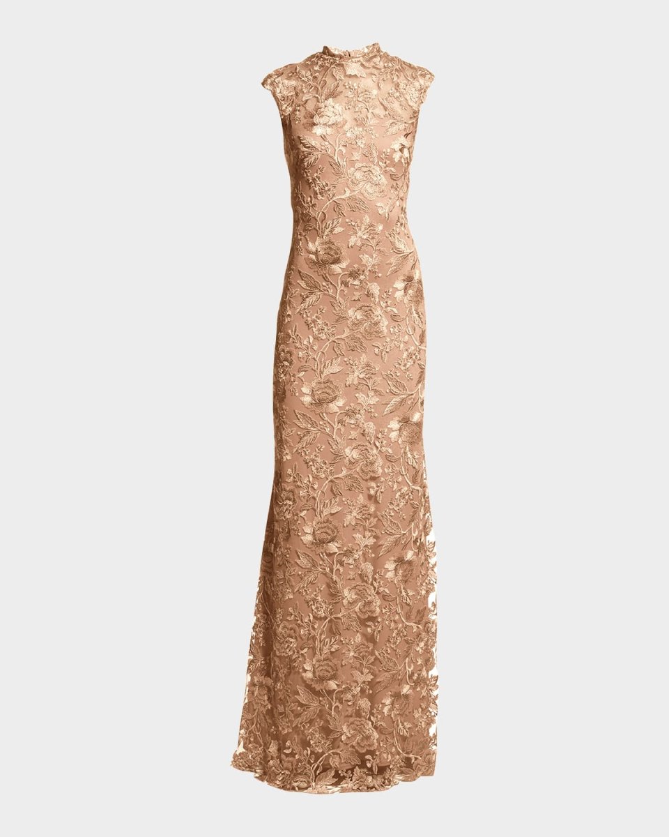 Cap-Sleeve Embroidered Lace Gown